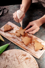 Girl decorate gingerbread cookies. Homemade traditional Christmas pastries. Delicious dessert. Hands of people close up. Vertical shot