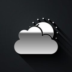 Silver Sun and cloud weather icon isolated on black background. Long shadow style. Vector.