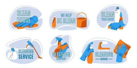 Cleaning company logo set. House clean emblems, hand in glove with equipment. Domestic cleaning service badges cartoon vector illustration