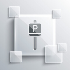 Grey Parking icon isolated on grey background. Street road sign. Square glass panels. Vector.