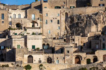  View of the Sassi di Matera a historic district in the city of Matera, well-known for their ancient cave dwellings. Basilicata. Italy