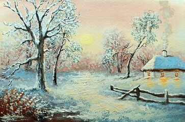Oil paintings landscape with tree and snow. Fine art.