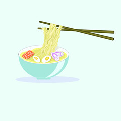 bowl with chopsticks. Chinese noodles with salmon