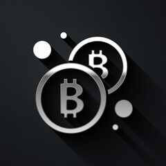 Silver Cryptocurrency coin Bitcoin icon isolated on black background. Physical bit coin. Blockchain based secure crypto currency. Long shadow style. Vector.