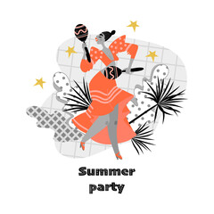 Summer party banner with funny dancing girl with maracas.