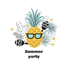 Summer party banner with funny pineapple in sunglasses with maracas.