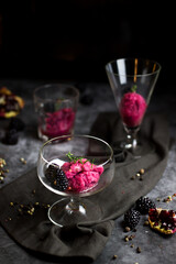 Pomegranate sorbet with pepper, thyme and blackberries