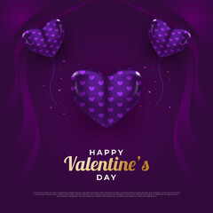 Valentine's day greeting card or poster with 3d purple heart on dark background. Holiday gift card. Romantic background with 3d decorative objects. Vector illustration