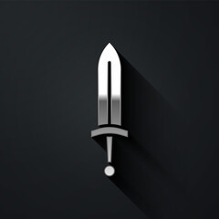 Silver Medieval sword icon isolated on black background. Medieval weapon. Long shadow style. Vector.