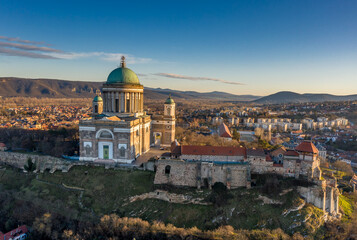 Fototapeta na wymiar Hungary - Historical Basilica of Esztergom from drone view near Danube river