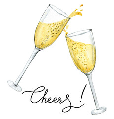 Watercolor illustration og champagne glasses with written word Cheers isolated on white background gor events, parties, celebration, wedding, anniversary, cards, typography etc.