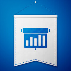 Blue Board with graph chart icon isolated on blue background. Report text file icon. Accounting sign. Audit, analysis, planning. White pennant template. Vector.