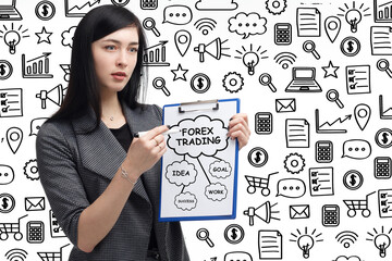 Business, technology, internet and network concept. Young businessman thinks over the steps for successful growth: Forex trading