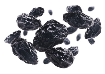 Dried prunes levitate on a white background