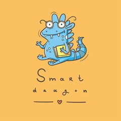 Card with  cute cartoon smart dragon. Funny crocodile print. Reading reptile poster. Vector doodle line art. Illustration for children. Books and studying.