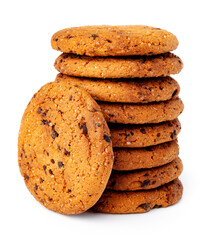 Stacked chocolate chip cookies isolated on white background