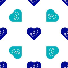 Blue Baby inside heart icon isolated seamless pattern on white background. Vector.