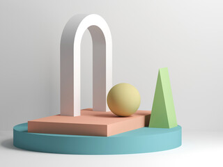 Abstract still life installation with white arch, 3 d