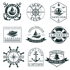 collection of yacht club labels with sea waves, anchor, helm and lifebuoy isolated on white background - obrazy, fototapety, plakaty
