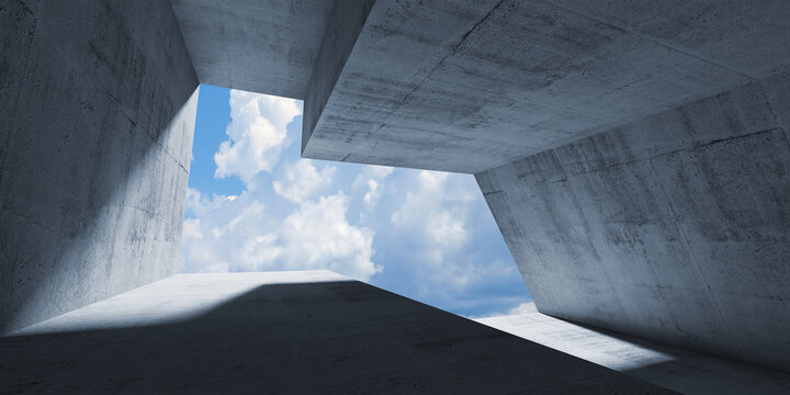 Empty abstract concrete interior with cloudy sky