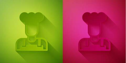 Paper cut Cook icon isolated on green and pink background. Chef symbol. Paper art style. Vector.
