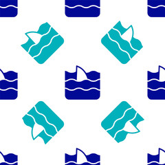 Blue Shark fin in ocean wave icon isolated seamless pattern on white background. Vector.