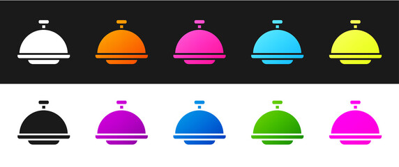 Set Covered with a tray of food icon isolated on black and white background. Tray and lid sign. Restaurant cloche with lid. Vector.