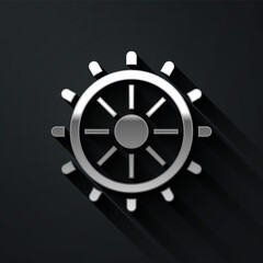 Silver Ship steering wheel icon isolated on black background. Long shadow style. Vector.