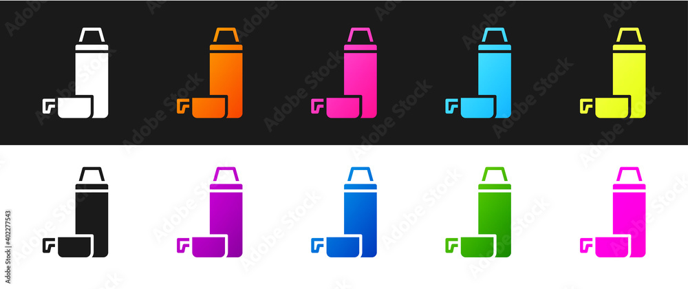 Poster Set Thermos container icon isolated on black and white background. Thermo flask icon. Camping and hiking equipment. Vector.