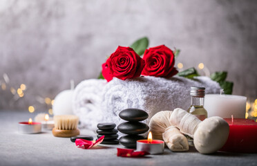 Wellness decoration, spa massage setting,  oil on stone background. Valentine's Day Zen and relax...