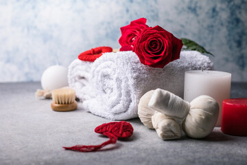 Wellness decoration, spa massage setting,  oil on stone background. Valentine's Day Zen and relax concept.