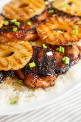 Homemade Hawaiian Huli Huli Chicken on a white plate on cloth, side view. Close-up.