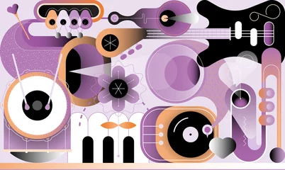 Gordijnen Muziek ontwerp. Abstract vectorillustratie van verschillende muziekinstrumenten. Elektrische gitaar, saxofoon, pianotoetsen, trompet, trommel met drumstokken, grammofoon, bloem en hartvorm. ©  danjazzia