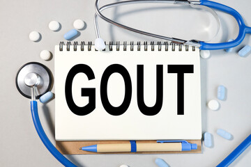 gout. TEXT or word on white paper on gray background near stethoscope and capsules of pills
