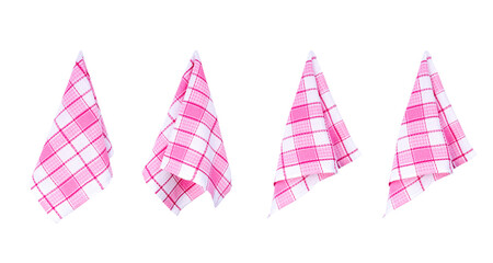 Set of four red checkered  hanging kitchen towels,  isolated on white background. Cooking and cleaning mock up for design
