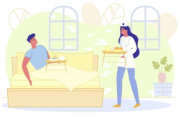 Nurse Bringing Tray with Food for Ill Patient.