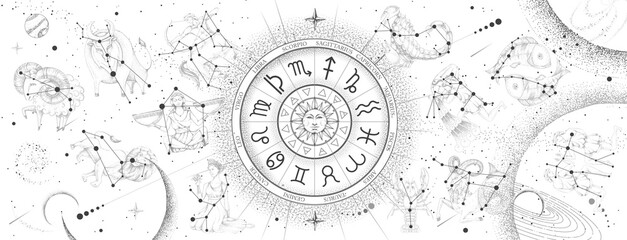 Astrology wheel with zodiac signs on constellation map background. Realistic illustration of  zodiac signs. Horoscope vector illustration © annbozhko
