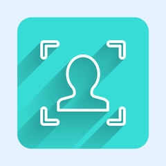 White line Face recognition icon isolated with long shadow. Face identification scanner icon. Facial id. Cyber security concept. Green square button. Vector.