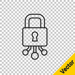 Black line Cyber security icon isolated on transparent background. Closed padlock on digital circuit board. Safety concept. Digital data protection. Vector.