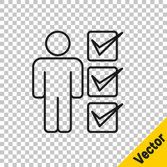 Black line User of man in business suit icon isolated on transparent background. Business avatar symbol user profile icon. Male user sign. Vector.