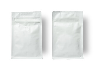 White coffee bag isolated with clipping path on white background. Packaging template mockup collection. Aluminium coffee package.