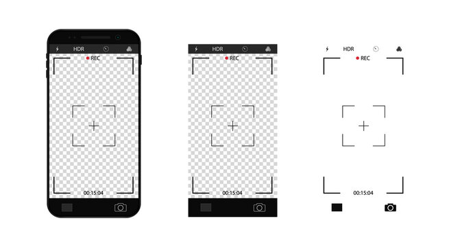 Photo camera interface in mobile. Phone with record video screen with zoom, focus grid. Selfie frame template in smartphone. vector