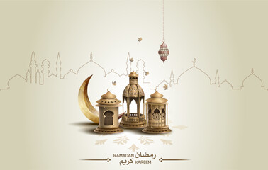 islamic greeetings ramadan kareem card design with crescent and beautiful lanterns - obrazy, fototapety, plakaty