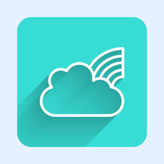 White line Rainbow with clouds icon isolated with long shadow. Green square button. Vector.