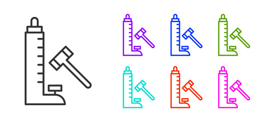 Black line High striker attraction with big hammer icon isolated on white background. Attraction for measuring strength. Amusement park. Set icons colorful. Vector.