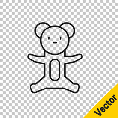 Black line Teddy bear plush toy icon isolated on transparent background. Vector.