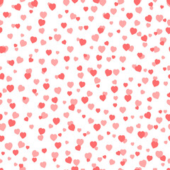 Hand drawn seamless pattern of many different size pink hearts. Romantic cute doodle illustration for design Valentine's day, Womens Day or Birthday card, invitation, wallpaper, wrapping paper, fabric