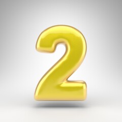 Number 2 on white background. Yellow car paint 3D number with glossy metallic surface.