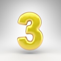 Number 3 on white background. Yellow car paint 3D number with glossy metallic surface.