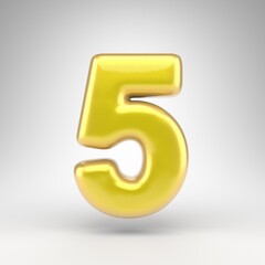Number 5 on white background. Yellow car paint 3D number with glossy metallic surface.